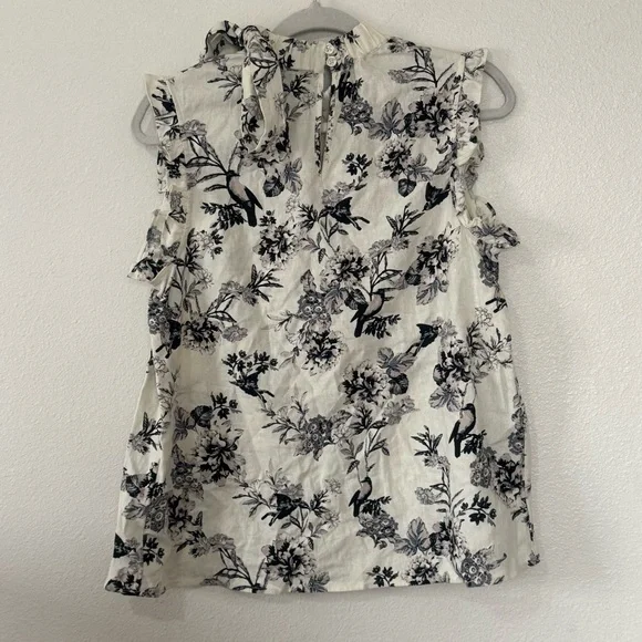 Who What Wear Floral Print Sleeveless Blouse Top Tie Neck Linen Black Cream M - Picture 5 of 10